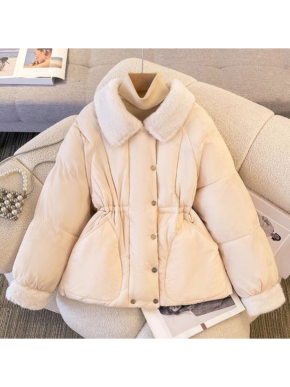 Women's Winter Waist-Defined Jacket with a Lapel Collar and Thickened Padding Long Sleeve Coat Featuring a Slimming Cinched Waist