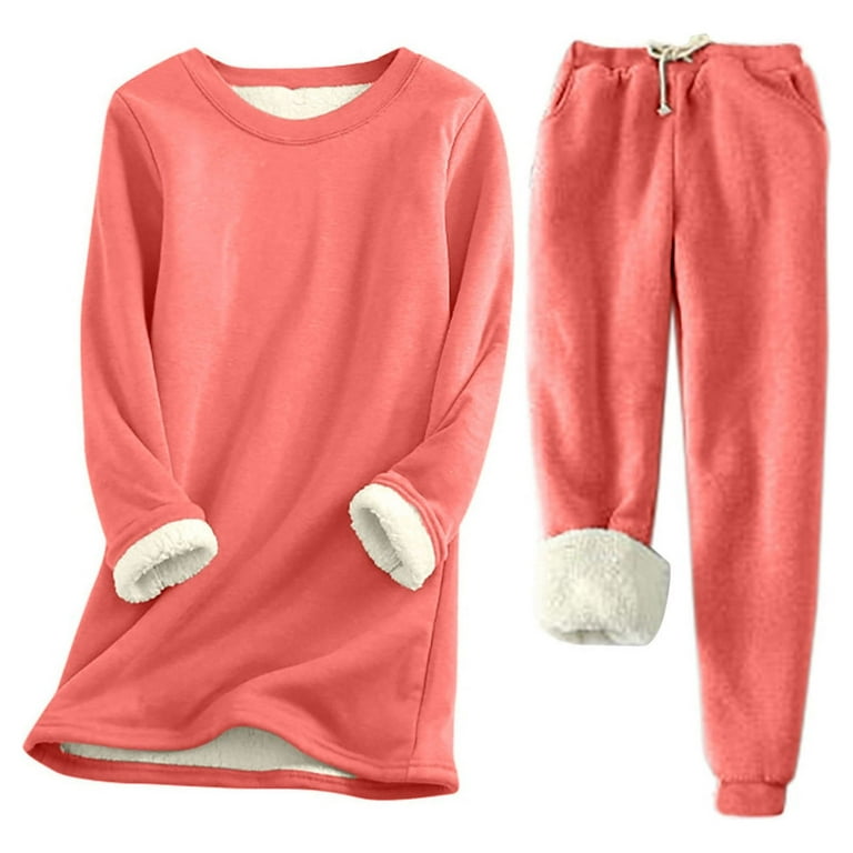 Women's Winter Warm 2 Piece Outfits Long Sleeve Fleece Lined Tops Pullover  Sherpa Lined Jogger Pants PJs Pajamas Sets