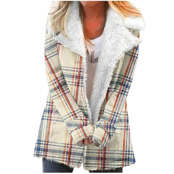 Women's Winter Warm Caots Fashion Zip Up Plus Size Plaid Printed Fashionable Long Sleeved Pocket Composite Plush Button Coat