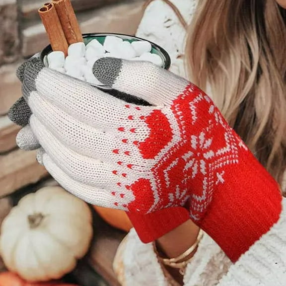 Women's Winter Warm Casual Christmas Knit Cute Pattern Mittens Plus Velvet Thickening Gloves