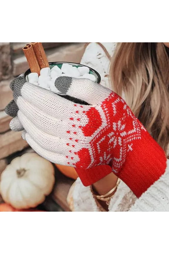 Women's Winter Warm Casual Christmas Knit Cute Pattern Mittens Plus Velvet Thickening Gloves