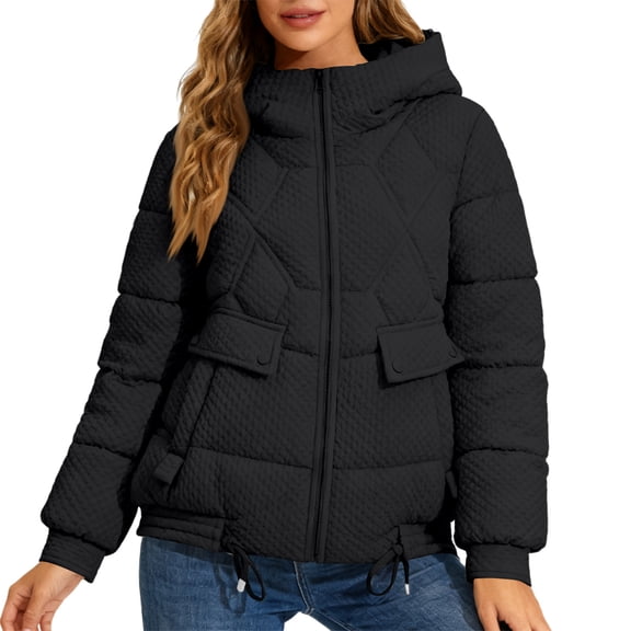 Women's Winter Warm Cotton Jacket - Single-Breasted, Zipper Closure, Black, L