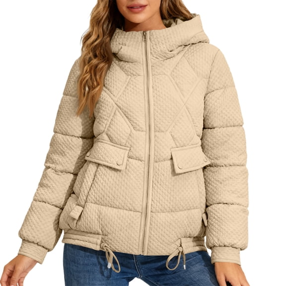 Women's Winter Warm Cotton Jacket - Single-Breasted, Zipper Closure, Khaki, L