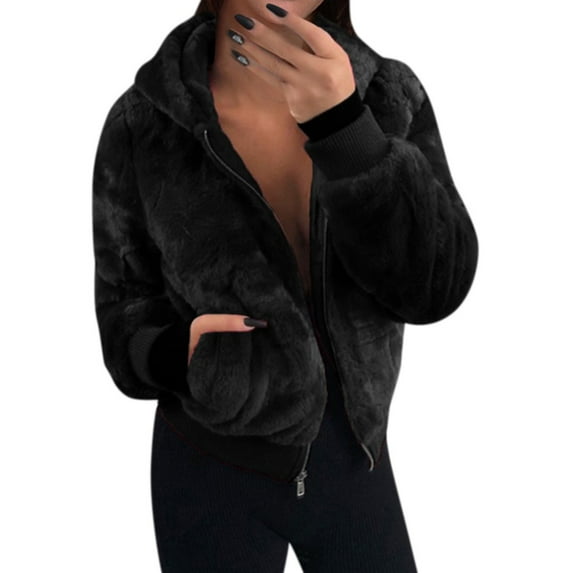 Women's Winter Warm Faux Fur Hooded Jacket - Casual Fleece-Blend Sweatshirt Outerwear, Black, L