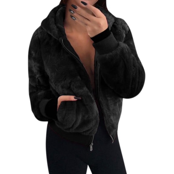 Women's Winter Warm Faux Fur Hooded Jacket - Casual Fleece-Blend Sweatshirt Outerwear, Black, S