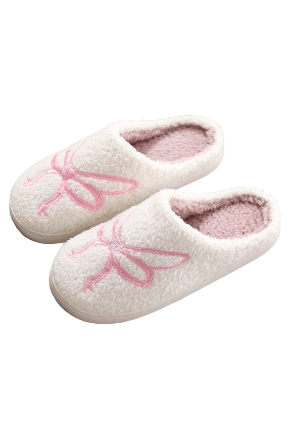 Women's Winter Warm Fleece Lined House Slippers Comfortable Non Slip Fashion Embroidery Print Fuzzy Slippers White Size 6