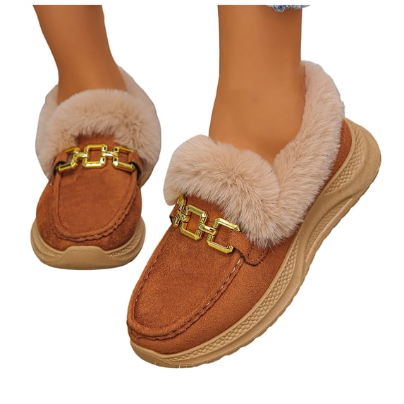 Women's Winter Warm Fleece Lined Loafers Non Slip Platform Plush Dress Shoes Comfortable Slip On Fuzzy House Shoes Orange Size 6.5