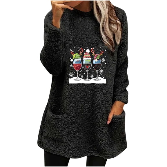 Women's Winter Warm Fleece Lined Tunic Top Christmas Holiday Wine Glass Snowflake Print Crew Neck Long Sleeve Side Pockets Cozy Daily Casual Party Outerwear Gift Idea