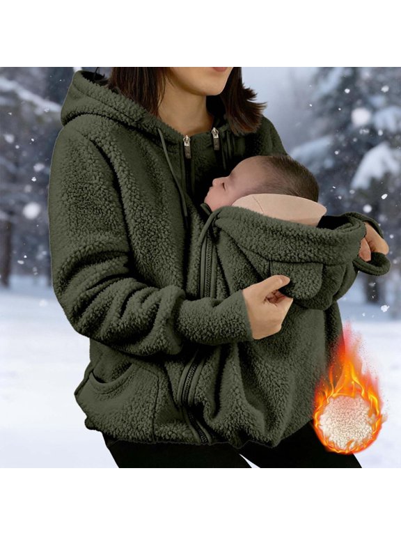 Women's Winter Warm Fleece Maternity Coat Full Zip Baby Wearing Jacket Pregnancy Outerwear Army Green XXL