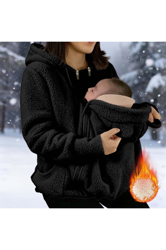 Women's Winter Warm Fleece Maternity Coat Full Zip Baby Wearing Jacket Pregnancy Outerwear Black XL