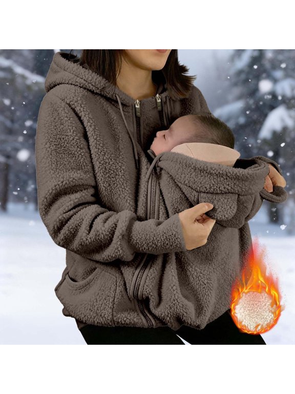 Women's Winter Warm Fleece Maternity Coat Full Zip Baby Wearing Jacket Pregnancy Outerwear Khaki XL