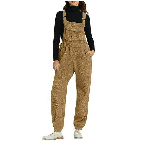 Women's Winter Warm Fleece Overalls, Fuzzy Soft Jumpsuits Adjustable Strap Loose Sleeveless Fluffy Pants with Pockets