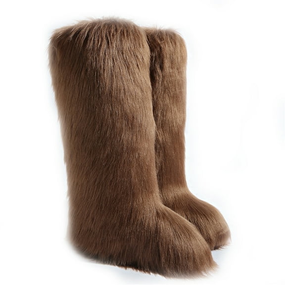 Women's Winter Warm Fluffy Faux Fur Knee High Snow Boots -Fashionable & Cozy Non-Slip Sole Long Boots