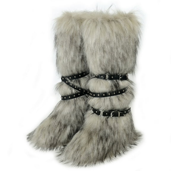 Women's Winter Warm Fluffy Faux Fur Knee High Snow Boots - Fashionable Cross Belt Buckle Boots