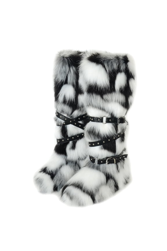 Women's Winter Warm Fluffy Faux Fur Knee High Snow Boots - Fashionable Cross Belt Buckle Boots