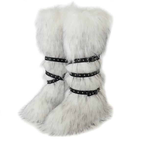 Women's Winter Warm Fluffy Faux Fur Knee High Snow Boots - Fashionable Cross Belt Buckle Boots