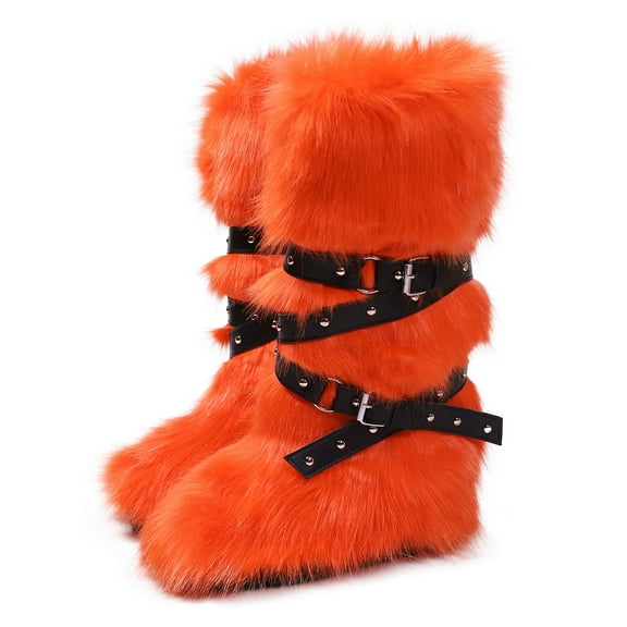 Women's Winter Warm Fluffy Faux Fur Knee High Snow Boots - Fashionable Cross Buckle Non Slip Cotton Boots