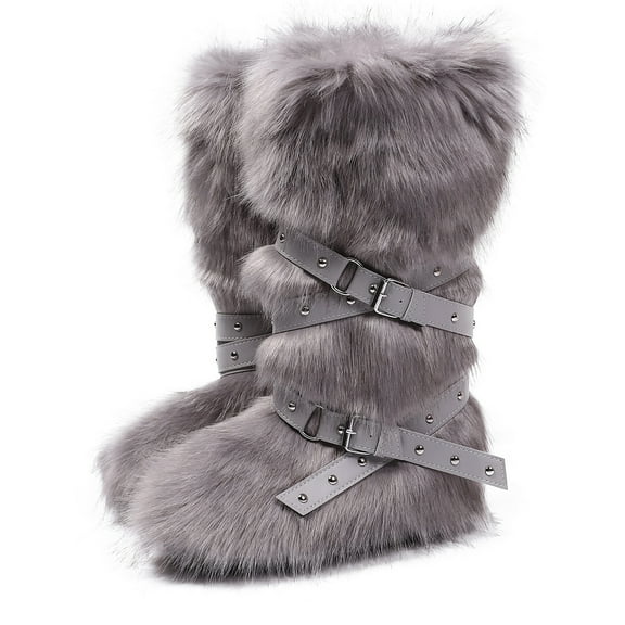 Women's Winter Warm Fluffy Faux Fur Knee High Snow Boots - Fashionable Cross Buckle Non Slip Cotton Boots