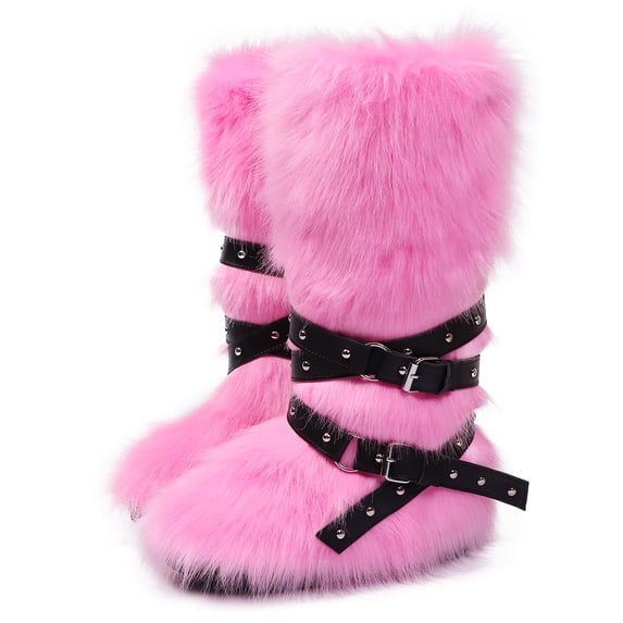 Women's Winter Warm Fluffy Faux Fur Knee High Snow Boots - Fashionable Cross Buckle Non Slip Cotton Boots