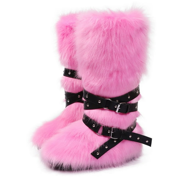 Women's Winter Warm Fluffy Faux Fur Knee High Snow Boots - Fashionable Cross Buckle Non Slip Cotton Boots