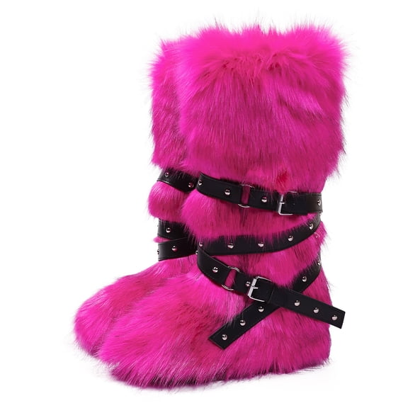 Women's Winter Warm Fluffy Faux Fur Knee High Snow Boots - Fashionable Cross Buckle Non Slip Cotton Boots