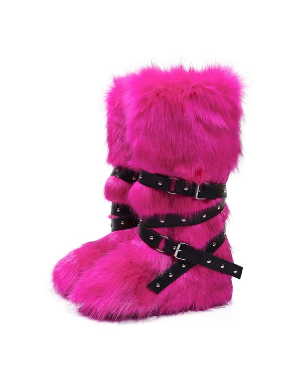 Women's Winter Warm Fluffy Faux Fur Knee High Snow Boots - Fashionable Cross Buckle Non Slip Cotton Boots