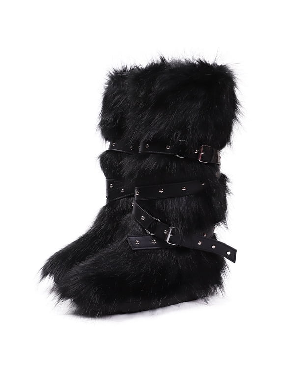 Women's Winter Warm Fluffy Faux Fur Knee High Snow Boots - Fashionable Cross Buckle Non Slip Cotton Boots