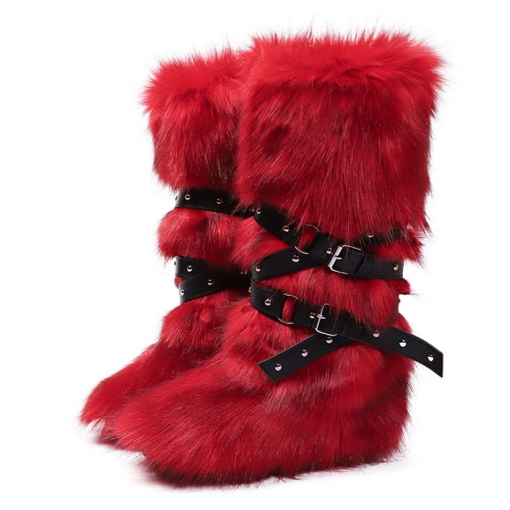 Women's Winter Warm Fluffy Faux Fur Knee High Snow Boots - Fashionable Cross Buckle Non Slip Cotton Boots