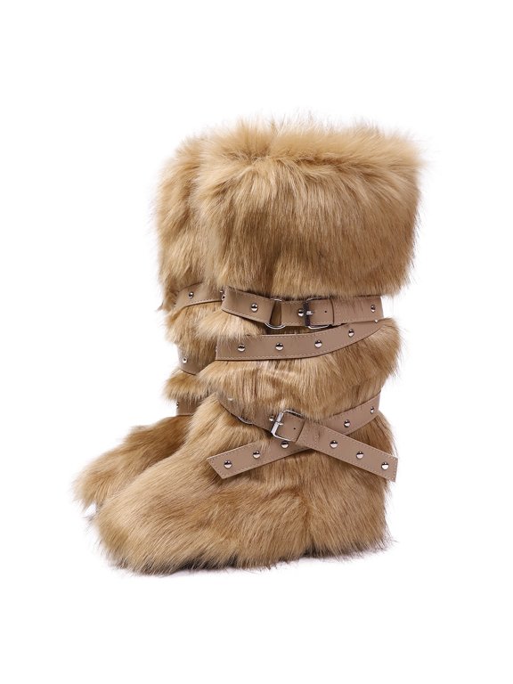 Women's Winter Warm Fluffy Faux Fur Knee High Snow Boots - Fashionable Cross Buckle Non Slip Cotton Boots