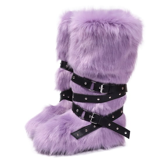 Women's Winter Warm Fluffy Faux Fur Knee High Snow Boots - Fashionable Cross Buckle Non Slip Cotton Boots