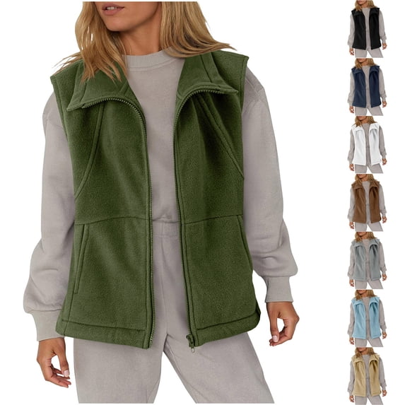 Women's Winter Warm Full Zip Fleece Sleeveless Jacket Gilet Vest With Pockets Thermal Thickened Outerwear for Cold Weather | CSEONE,Green L