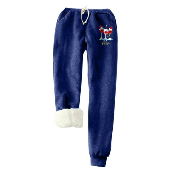 Women's Winter Warm Fuzzy Sweatpant High Waist Sherpa Lined Jogger Fleece Pants Drawstring Elastic Waist Printed Pants