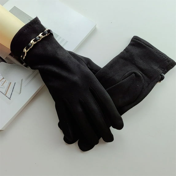 Women's Winter Warm Gloves with Touchscreen, Suede Leather Driving Gloves with Chain Decor, Windproof Cold Weather Riding Gloves, Thermal Insulated Gloves for Autumn and Winter Activities - Black
