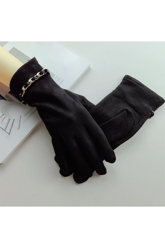 Women's Winter Warm Gloves with Touchscreen, Suede Leather Driving Gloves with Chain Decor, Windproof Cold Weather Riding Gloves, Thermal Insulated Gloves for Autumn and Winter Activities - Black