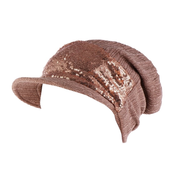 Women's Winter Warm Hat Crochet Slouchy Beanie Knitted Caps with Visor Sequin Decor