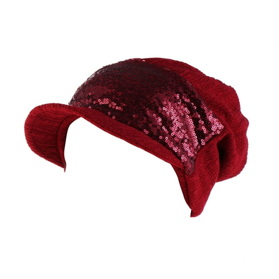 Women's Winter Warm Hat Crochet Slouchy Beanie Knitted Caps with Visor Sequin Decor