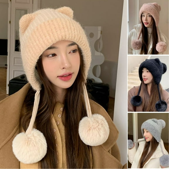 Women's Winter Warm Hat Fleece Lined Pom Pom Beanie Hat Cat Ear Skull Cap