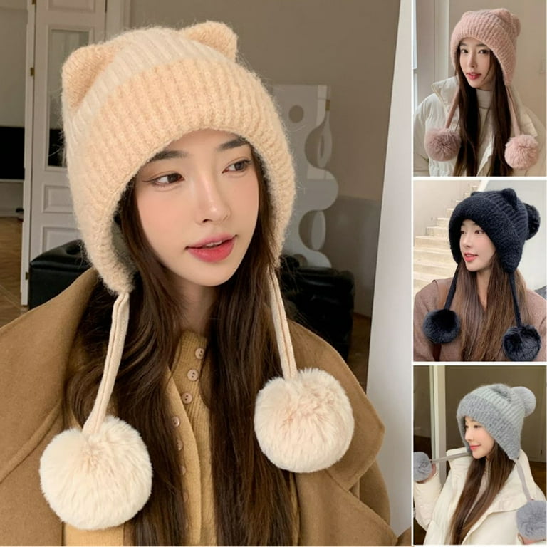 Women's Winter Warm Hat Fleece Lined Pom Pom Beanie Hat Cat Ear