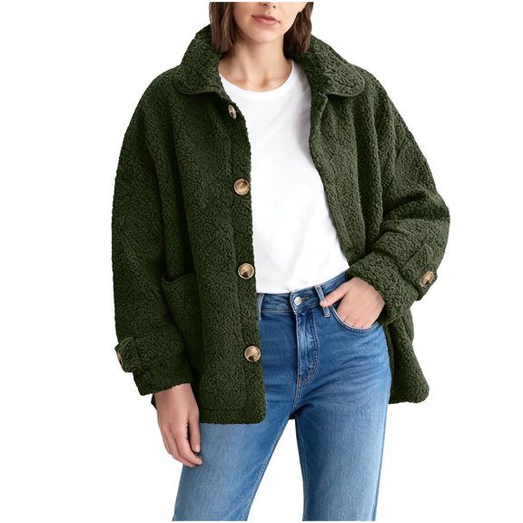 Women's Winter Warm Jacket with Lamb Wool - Lapel Design, Pockets & Button Loop, Practical Outerwear Top for Cold Days Green XL