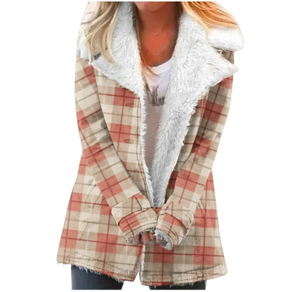 Women's Winter Warm Jackets Fashion Zip Up Plus Size Plaid Printed Fashionable Long Sleeved Pocket Composite Plush Button Coat