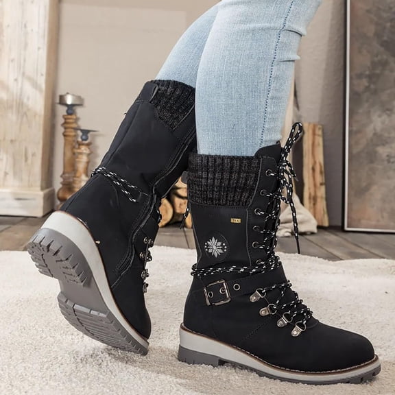 Women's Winter Warm Mid-Calf Snow Boots Lace-up Gothic Side Zipper Punk Buckle Booties Vintage Round Toe Low Heel Combat Riding Boots (Black,36)
