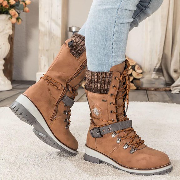 Women's Winter Warm Mid-Calf Snow Boots Lace-up Gothic Side Zipper Punk Buckle Booties Vintage Round Toe Low Heel Combat Riding Boots (Brown,38)