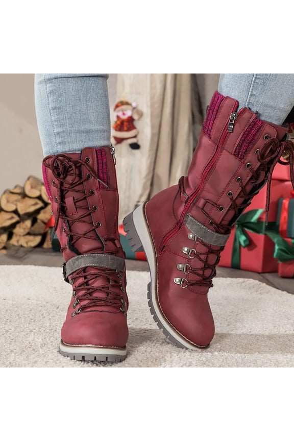 Women's Winter Warm Mid-Calf Snow Boots Lace-up Gothic Side Zipper Punk Buckle Booties Vintage Round Toe Low Heel Combat Riding Boots (Red,39)
