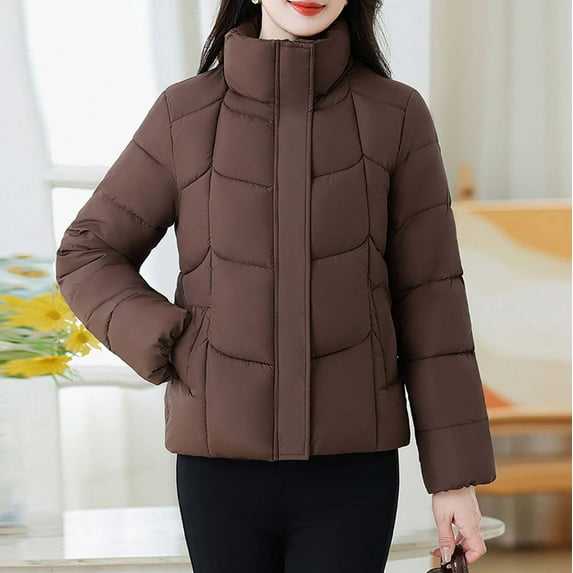 Women's Winter Warm Outwear Coat, Loose Fitting Cotton Jacket Stand Collar Thick Padded Outcoat with Pockets Ladies Winter Jacket Long Coffee 3XL