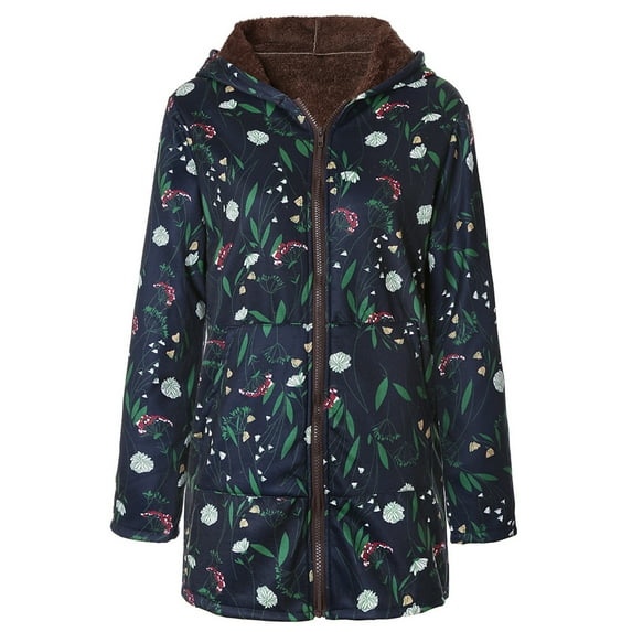 Women's Winter Warm Oversize Coat - Vintage Floral Print Hooded Jacket with Pockets, Thick Fleece Lined Outerwear, Dark Blue Size L
