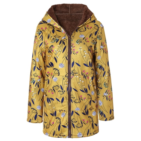 Women's Winter Warm Oversize Coat - Vintage Floral Print Hooded Jacket with Pockets, Thick Fleece Lined Outerwear, Yellow Size L