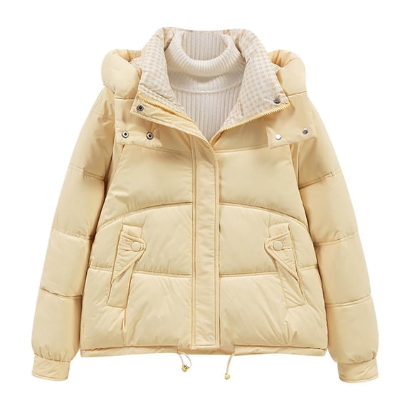 Women's Winter Warm Plus Size Puffer Coat Casual Colored Long-Sleeved Hooded Jacket Lightweight Puffer Jacket(Yellow 2XL)