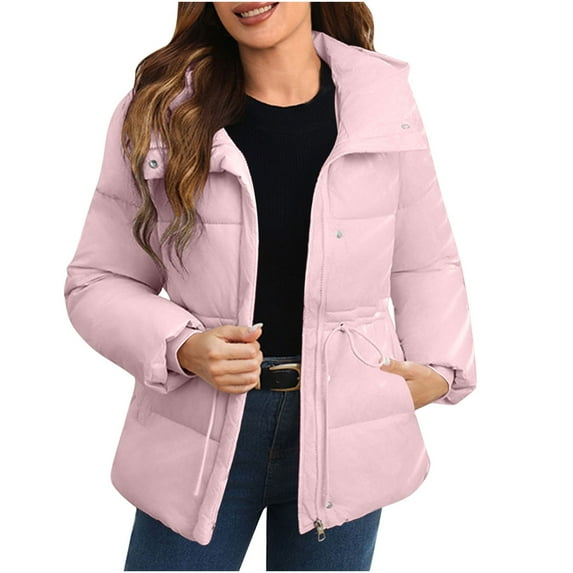 Women's Winter Warm Plus Size Puffer Coat Solid Color Hooded Drawstring Zipper Button Jacket with Pocket Lightweight Puffer Jacket(Pink 2XL)