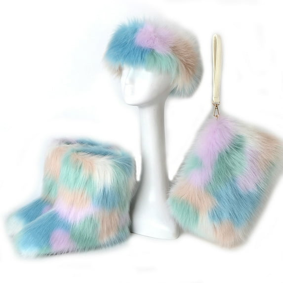 Women's Winter Warm Plush Headband, Handbag, Snow Boots and Fur Three Piece Set with Fleece Imitation Fur Mid Top Boots