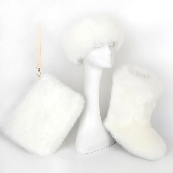 Women's Winter Warm Plush Headband, Handbag, Snow Boots and Fur Three Piece Set with Fleece Imitation Fur Mid Top Boots